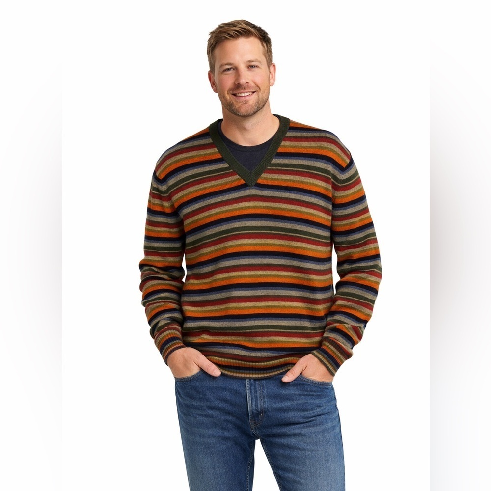 E Vintage Express 100% Lambswool Striped V Neck Sweater XXL